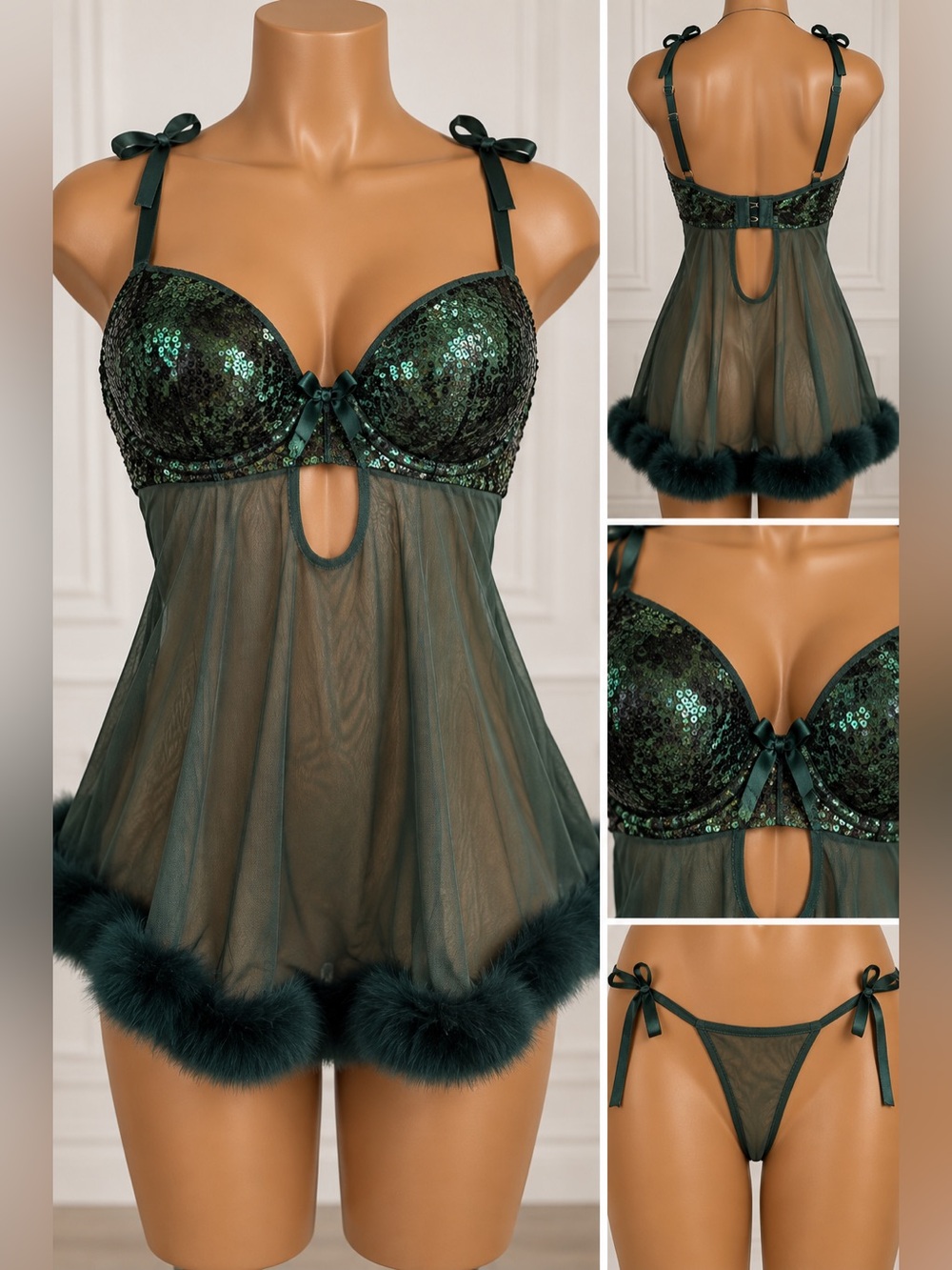 Lux Lace & Sequin Babydoll Set - Emerald Green